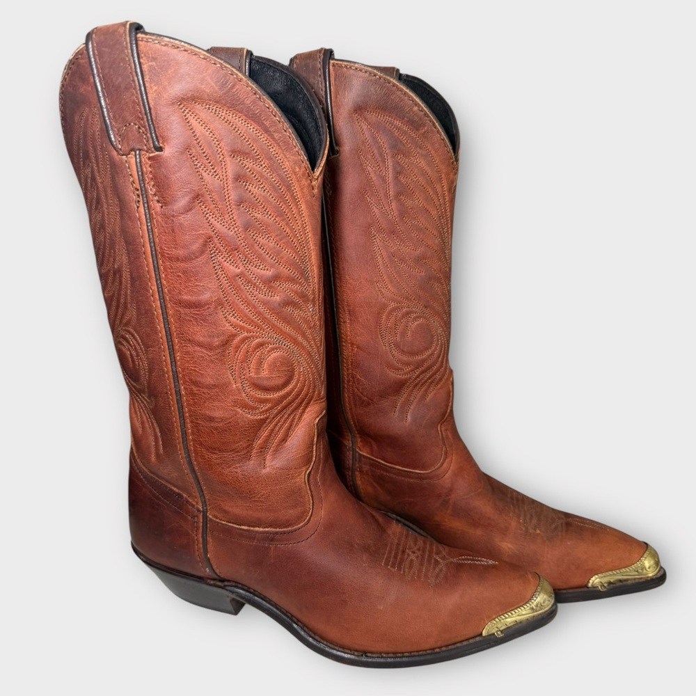 GUC Vintage Code West Womens Brown Cowboy Boots with Gold Tips